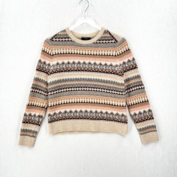 J CREW Fair Isle Cropped Crewneck Sweater Womens XS Cream Gray Brown Wool Blend - Picture 3 of 14